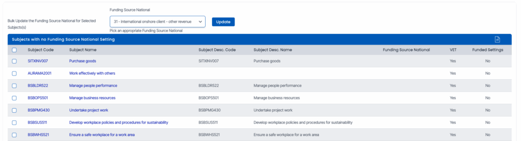 Screenshot of the TEAMS Funding Source National Missing screen showing where to update and correct funding data for AVETMISS compliance.
