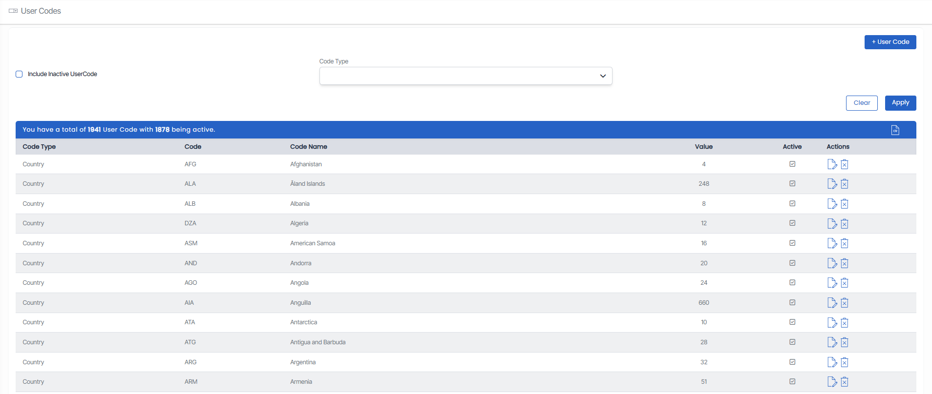 TEAMS User Codes screen showing a grid of codes by type, code, code name, volume, active status, and action options.